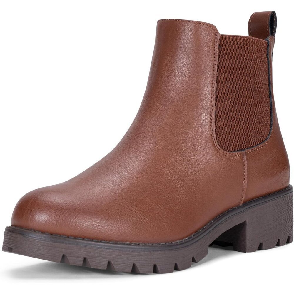 Vepose Women Mocha Brown Leather Chunky Block Heel Chelsea Ankle Pull-On Booties